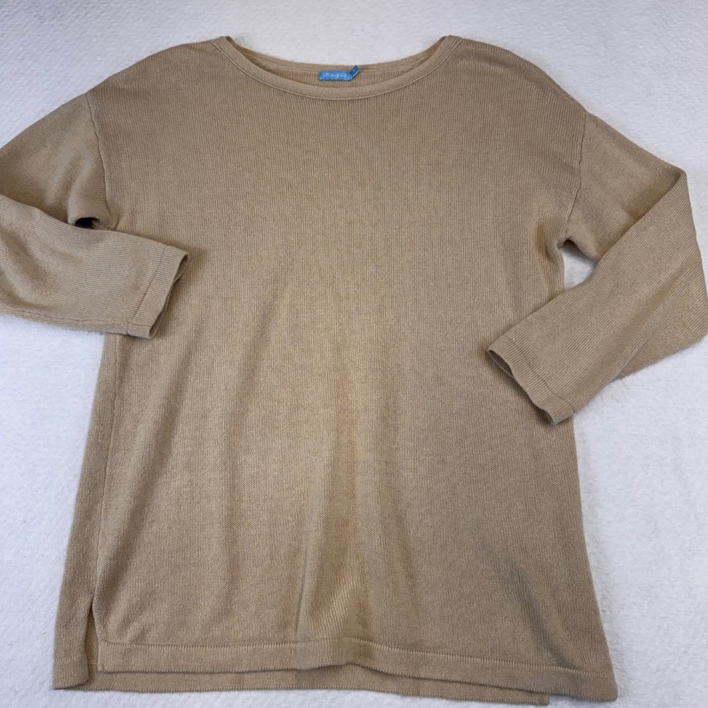 J McLaughlin Tan Ribbed Knit Sweater Tunic Top Boat Neck Long Sleeve Size S